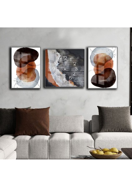 Turuncu Siyah Gri Abstract Bubble Kombin Modeli Çerçeveli Saatli Cam Tablo
