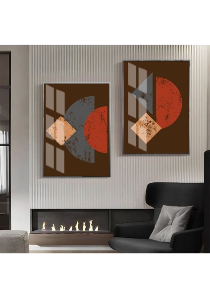 Kahverengi Turuncu Krem Abstract Kombin Çerçeveli Cam Tablo 2'li