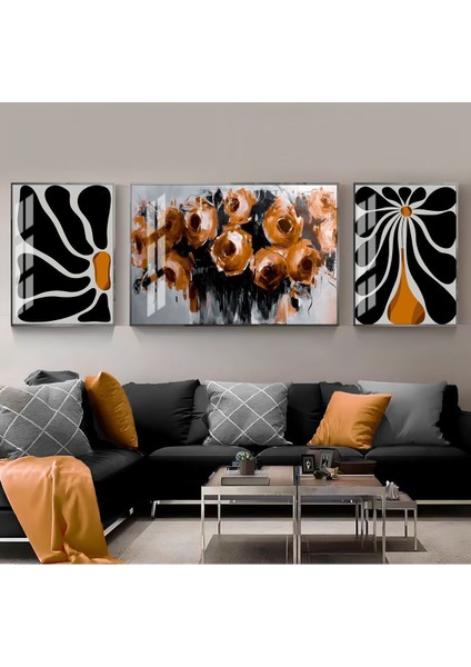 Turuncu Siyah Gri Abstract Gül Demeti Kombini Çerçeveli Temperli Cam Tablo 3'lü