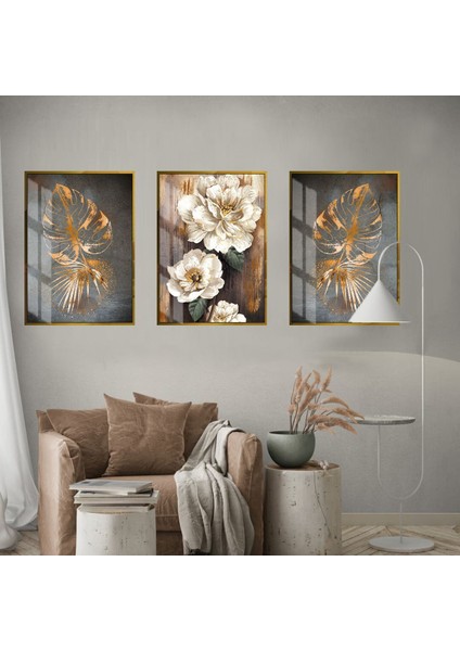 Turuncu Gri Kombin Soyut Çiçek Ve Yarpak Kombini Çerçeveli Cam Tablo 3'lü