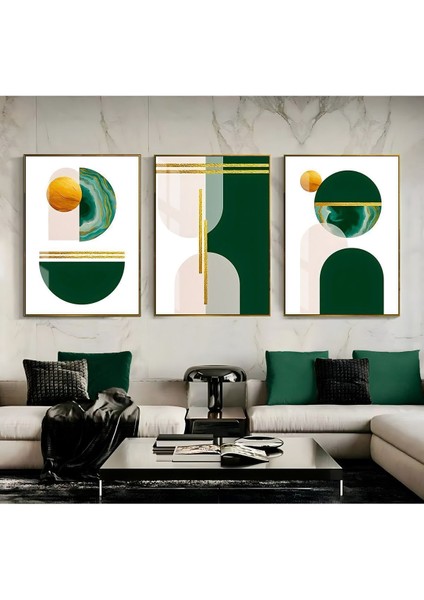 Yeşil Gold Krem Soyut Şekiller Çerçeveli Cam Tablo 3'lü