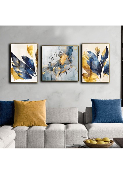 Gold Mavi Abstrack Yaprak Desenli Kombin Modeli Çerçeveli Saatli Cam Tablo