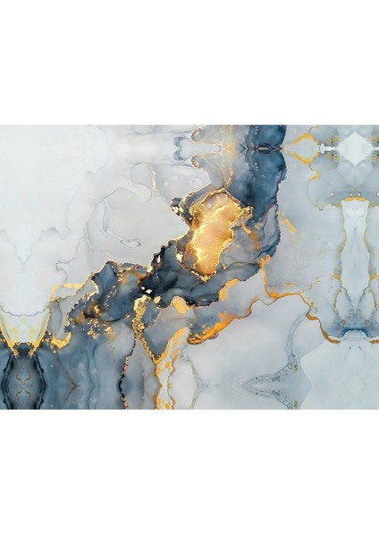 Gold Mavi Abstrack Yaprak Desenli Kombin Modeli Çerçeveli Saatli Cam Tablo modelleri