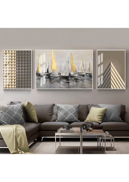 Krem Gri Gold Abstract Yelkenli Kombini Çerçeveli Temperli Cam Tablo 3'lü