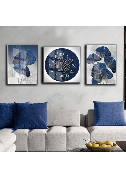 Sevilen Lacivert Gümüş Sonsuzluk Çiçek Kombini Çerçeveli Saatli Cam Tablo