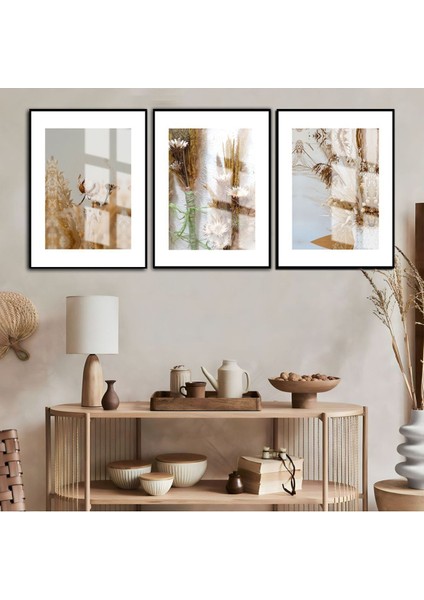 Soft Renk Çiçek Kombini Beyaz Krem Çerçeveli Cam Tablo 3'lü