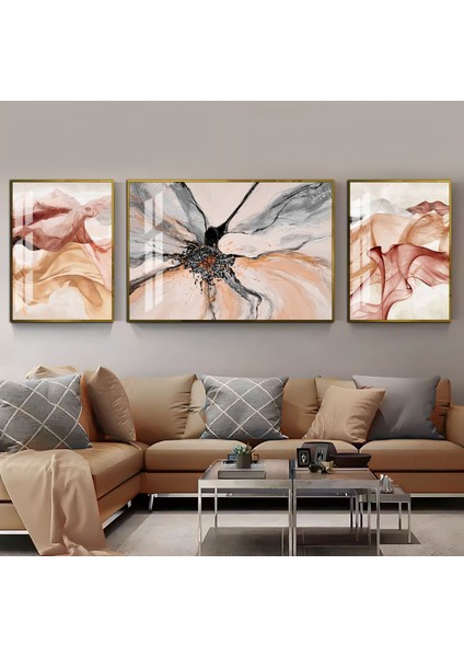 Turuncu Gold Renk Soft Soyut Kombini Çerçeveli Temperli Cam Tablo 3'lü