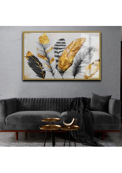 Sevilen Tüy Tablosu Gri Gold Çerçeveli Temperli Cam Tablo Tekli