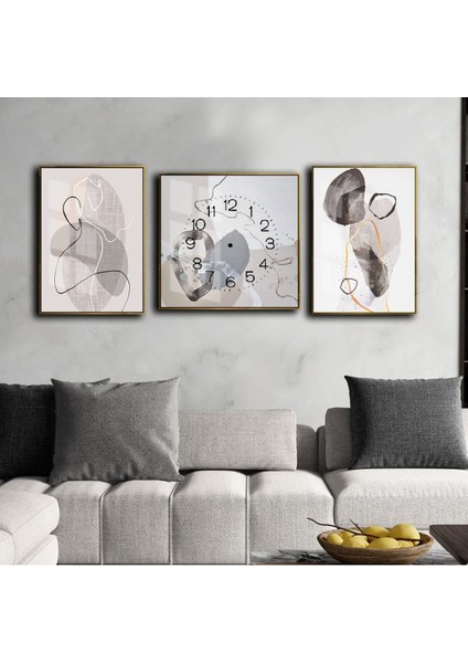 Mavi Beyaz Gold Çizgi Desenli Abstract Kombin Modeli Çerçeveli Saatli Cam Tablo