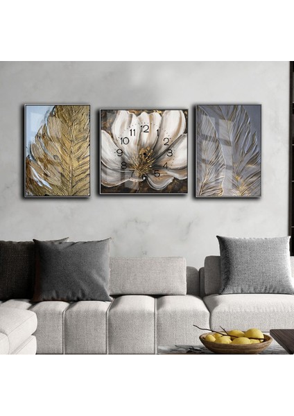 Gold Siyah Çiçekli Saat Kombini Modeli Çerçeveli Saatli Cam Tablo