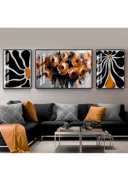Turuncu Siyah Gri Abstract Gül Demeti Kombini Çerçeveli Temperli Cam Tablo 3'lü