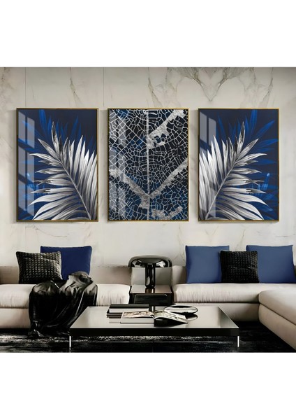 Lacivert Gümüş Sevilen Yaprak Ve Soyut Kombini Çerçeveli Cam Tablo 3'lü