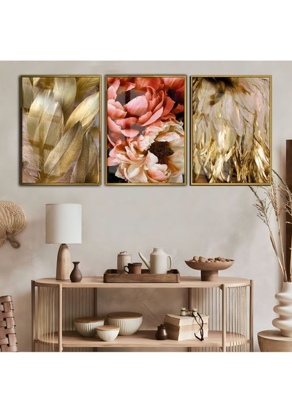 Gold Pembe Gül Tüy Kombini Çerçeveli Temperli Cam Tablo 3'lü