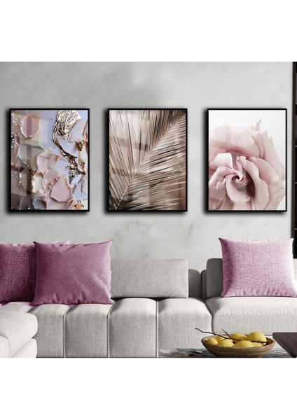 Pudra Pembe Renk Gül Yaprak Soyut Çerçeveli Cam Tablo 3'lü
