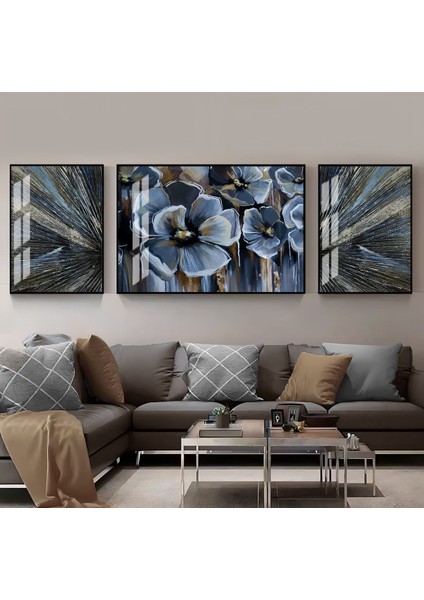 Mavi Gri Soyut Gül Kombini Çerçeveli Temperli Cam Tablo 3'lü