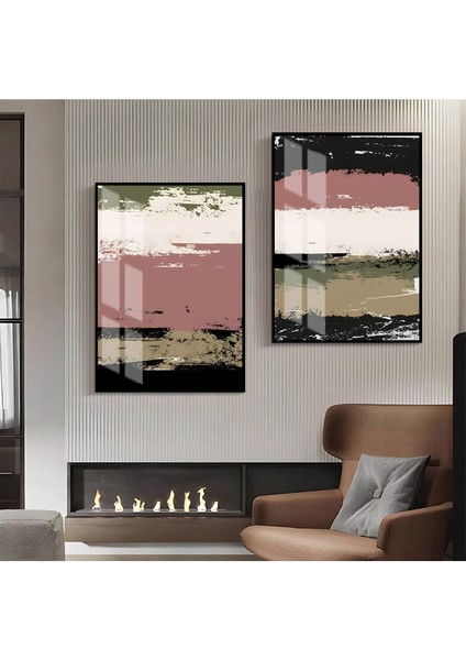 Pembe Yeşil Siyah Abstract Kombin Çerçeveli Cam Tablo 2'li