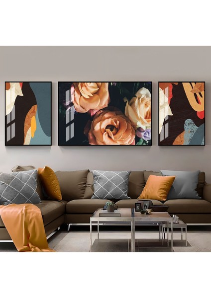 Turuncu Mavi Siyahsoyut Abstract Gül Kombini Çerçeveli Temperli Cam Tablo 3'lü