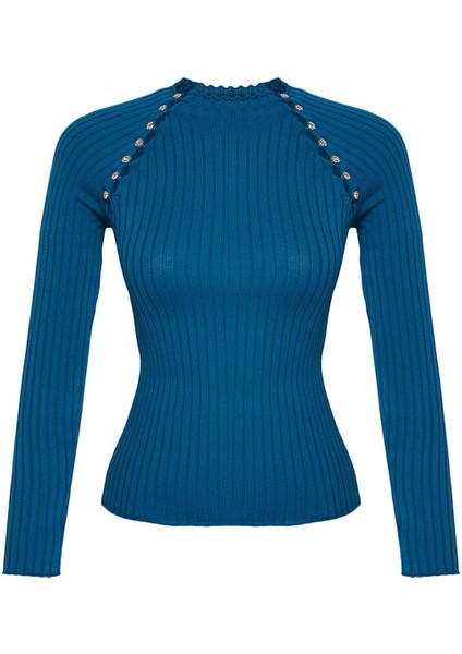 Kadın Moda Şık Dik Yaka Standart Kol Regular Pencere Cut Out Aksesuar Detaylı Triko Kazak
