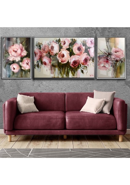 Gül Pembesi Yeşil Kombini Çiçek Kombini Çerçeveli Temperli Cam Tablo 3'lü