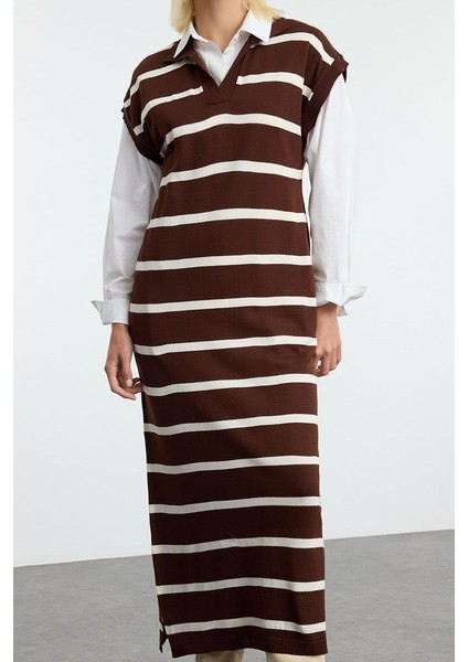 Kadın Moda Şık Tesettür Polo Yaka Standart Kol Uzun Çizgili Triko Süveter fiyatları