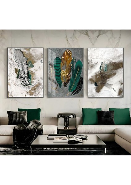 Yeşil Beyaz Renk Tüy Soyut Kombin Çerçeveli Cam Tablo Temperli 3'lü