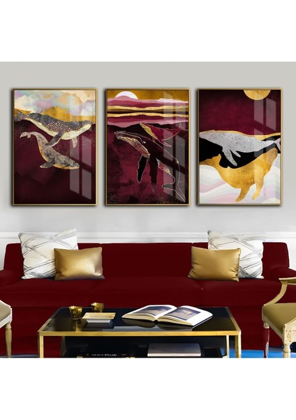 Bordo Gold Soyut Balık Kombini Çerçeveli Temperli Cam Tablo 3'lü