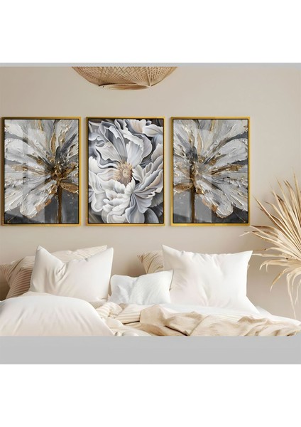 Soft Gri Çiçek Yaprak Kombini Çerçeveli Temperli Cam Tablo 3'lü
