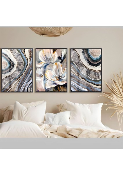 Soft Mavi Beyaz Soyut Çiçek Kombini Çerçeveli Temperli Cam Tablo 3'lü