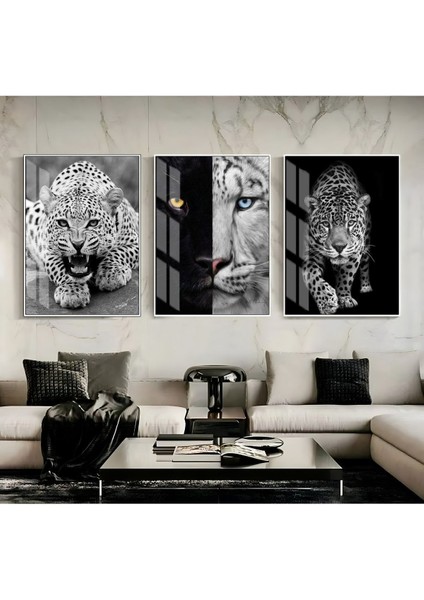 Aslan Kaplan Leopar Tablosu 04 Çerçeveli Temperli Cam Tablo 3'lü