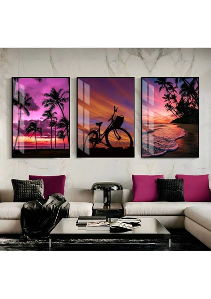 Mor Renk Kombini Yaz Manzarası Deniz Kenarı Çerçeveli Temperli Cam Tablo 3'lü