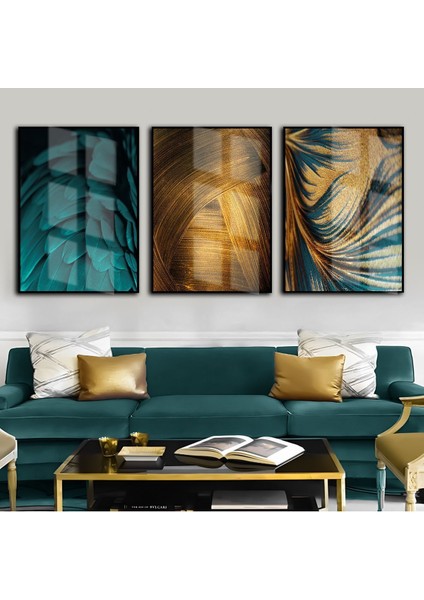 Turkuaz Gold Soyut Kombini|Çerçeveli Temperli Cam Tablo 3'lü Dikey