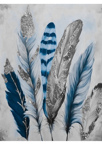 Lacivert Gümüş Kombini Şık Tüy Soyut Seti Çerçeveli Temperli Cam Tablo modelleri