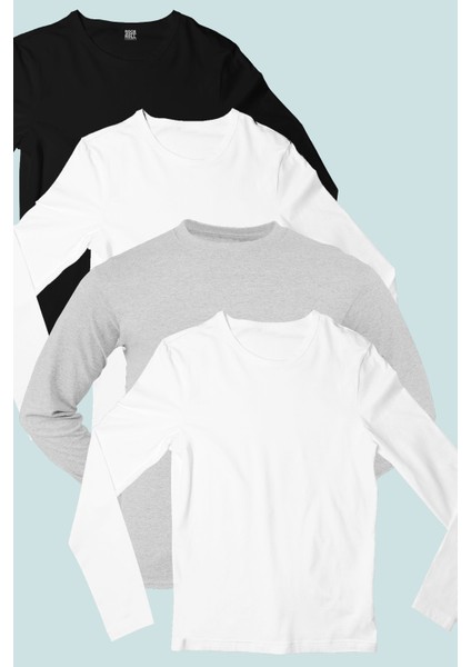 Düz 2 Beyaz, Siyah, Gri Uzun Kollu Kadın Penye T-Shirt 4'lü Süper Eko Paket