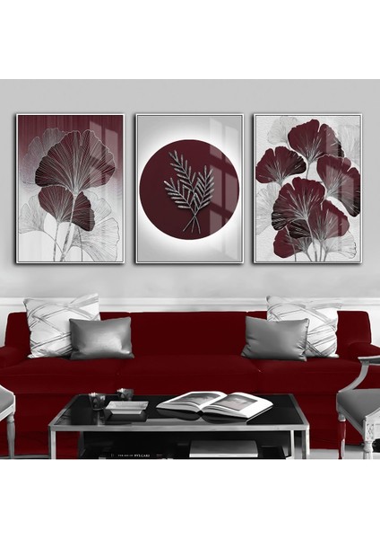 Bordo Gri Çiçek Kombini Çerçeveli Temperli Cam Tablo 3'lü