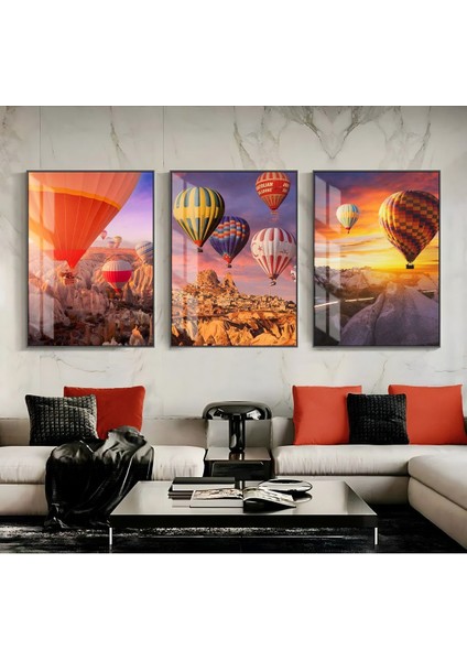 Kapadokya Balonları Kelebek Soyut Çerçeveli Temperli Cam Tablo 3'lü