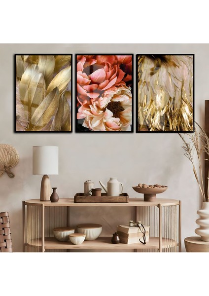 Gold Pembe Gül Tüy Kombini Çerçeveli Temperli Cam Tablo 3'lü