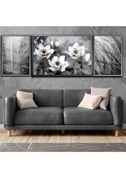 Siyah Beyaz Kombini Çiçek Tüy Kombini Çerçeveli Temperli Cam Tablo 3'lü