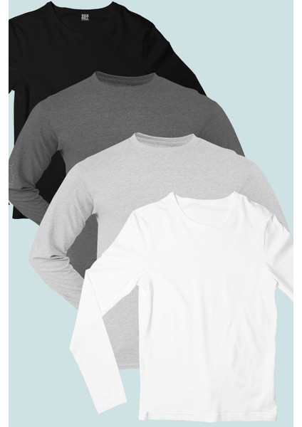 Düz Uzun Kollu Siyah, Antrasit, Gri, Beyaz Kadın Penye T-Shirt 4'lü Süper Eko Paket