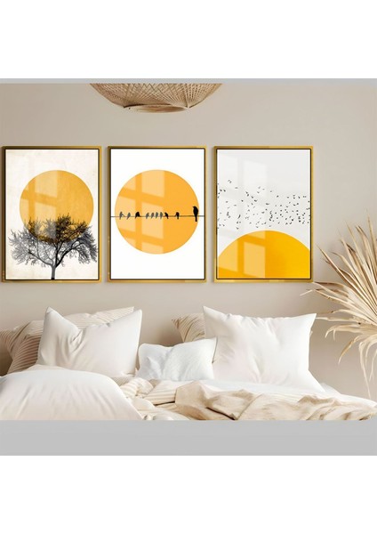 Soft Gold Kuş Ağaç Kombini Çerçeveli Temperli Cam Tablo 3'lü