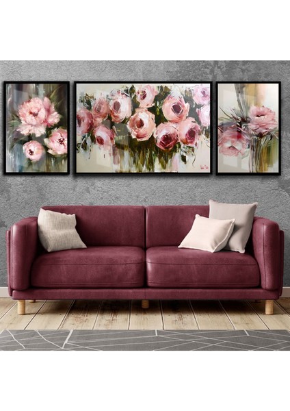 Gül Pembesi Yeşil Kombini Çiçek Kombini Çerçeveli Temperli Cam Tablo 3'lü