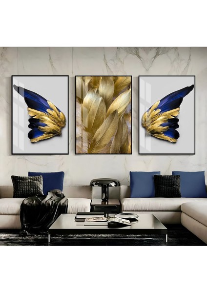 Lacivert Gold Renk Kanat Tüy Kombin 009 Çerçeveli Cam Tablo Temperli 3'lü