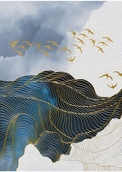 Mavi Gold Tüy Soyut Kombini Çerçeveli Cam Tablo Temperli 3'lü modelleri