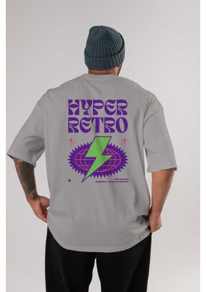 Hyper Retro Yazılı Arka Baskılı Siyah Oversize T-Shirt Unisex Erkek Kadın Bisiklet Yaka