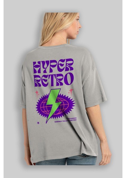 Hyper Retro Yazılı Arka Baskılı Siyah Oversize T-Shirt Unisex Erkek Kadın Bisiklet Yaka modelleri