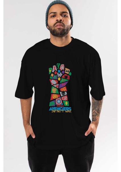 The Avengers Ön Baskılı Siyah Oversize T-Shirt Bisiklet Yaka Erkek Kadın