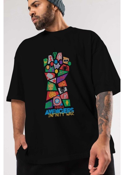 The Avengers Ön Baskılı Siyah Oversize T-Shirt Bisiklet Yaka Erkek Kadın modelleri