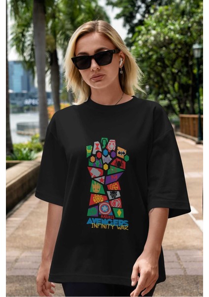 The Avengers Ön Baskılı Siyah Oversize T-Shirt Bisiklet Yaka Erkek Kadın indirimleri