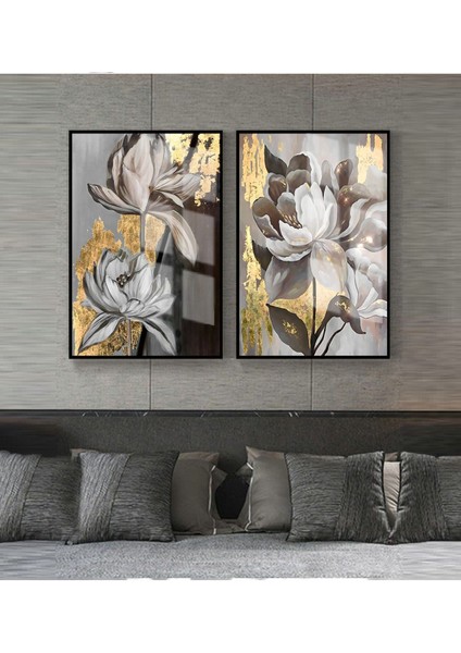 Gold Siyah Renk En Sevilen Çiçek Kombini Çerçeveli Cam Tablo 2'li