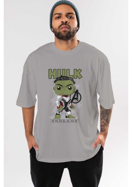 Hulk (9) Ön Baskılı Gri Oversize T-Shirt Bisiklet Yaka Pamuk Erkek Kadın