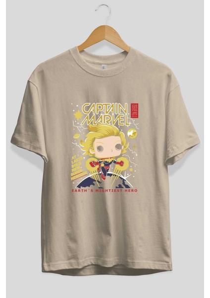 Captain Marvel Ön Baskılı Bej Oversize T-Shirt Bisiklet Yaka Pamuk Erkek Kadın fiyatları